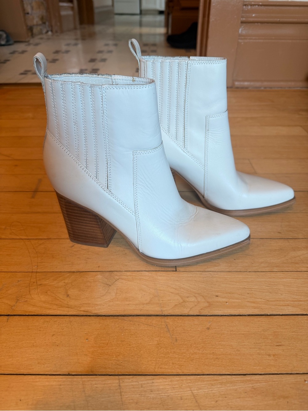 Marc Fisher White Leather Pointed-Toe Ankle Booties with Block Heel